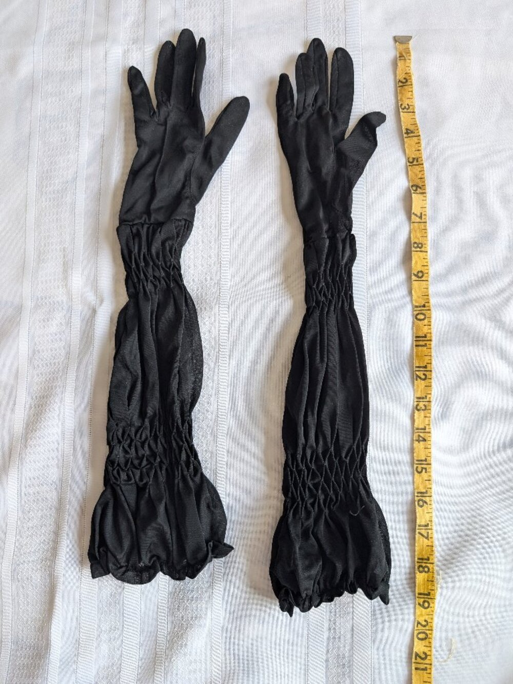 Vintage Black Chiffon Opera Gloves with Ruching at Wrist and Elbow